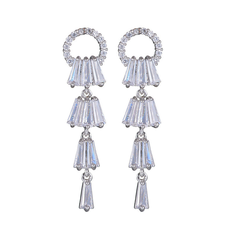 Long Tassel Ring Earrings AAA Zircon Silver