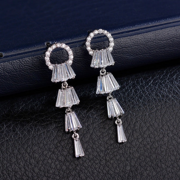 Long Tassel Ring Earrings AAA Zircon Silver