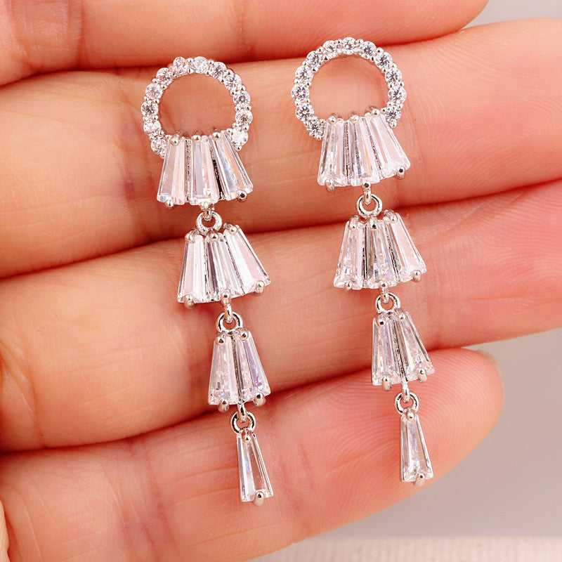 Long Tassel Ring Earrings AAA Zircon Silver