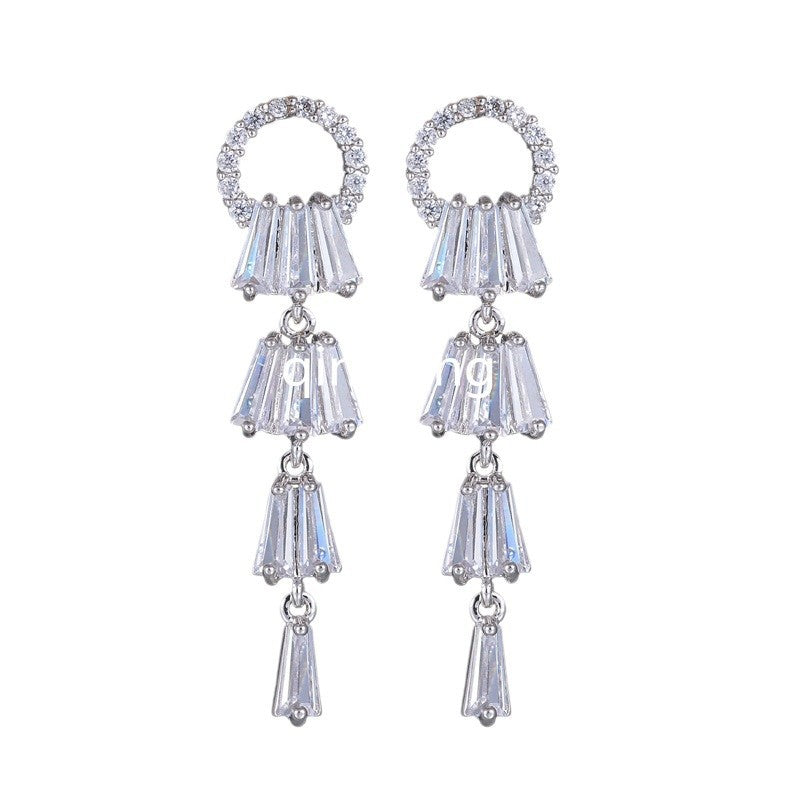 Long Tassel Ring Earrings AAA Zircon Silver
