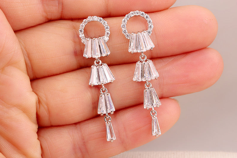 Long Tassel Ring Earrings AAA Zircon Silver
