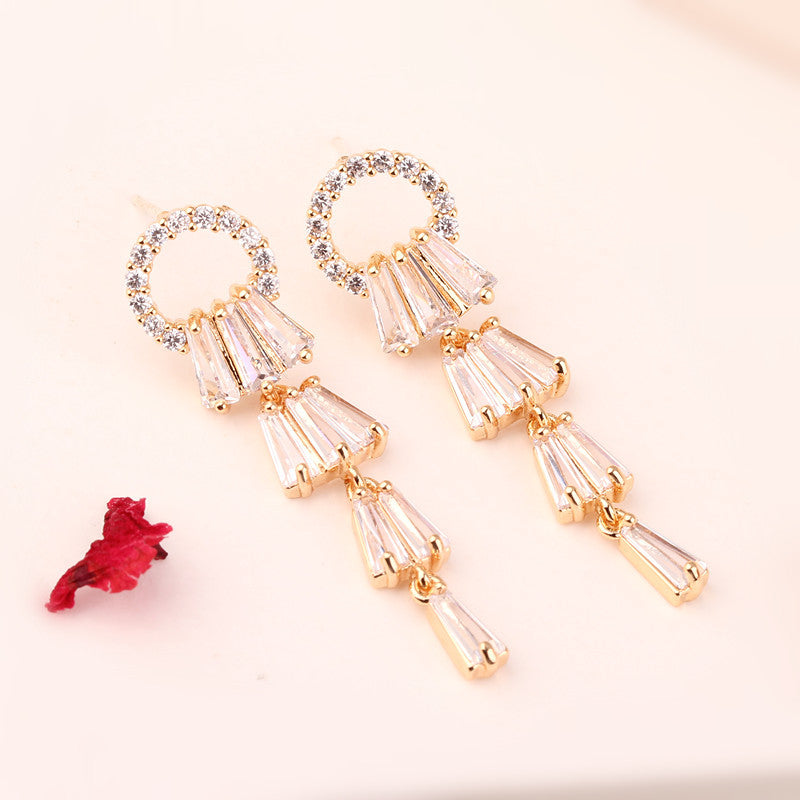 Long Tassel Ring Earrings AAA Zircon Silver