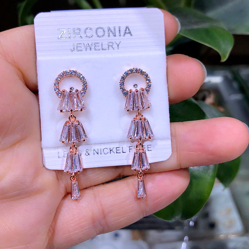 Long Tassel Ring Earrings AAA Zircon Silver